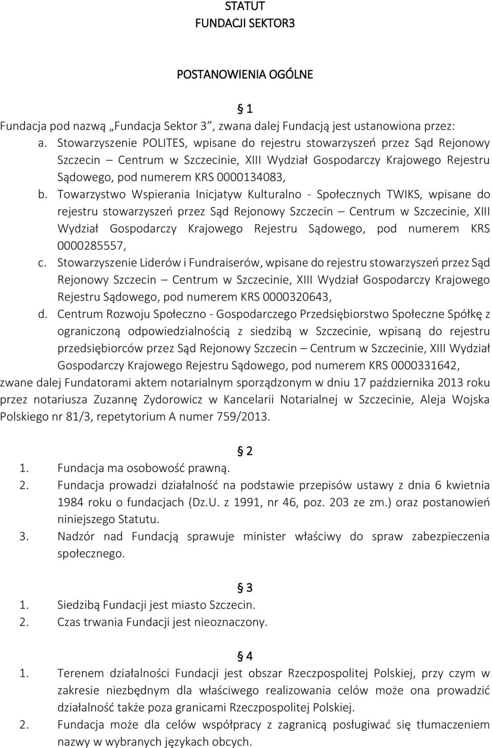 Towarzystwo Wspierania Inicjatyw Kulturalno - Społecznych TWIKS, wpisane do rejestru stowarzyszeń przez Sąd Rejonowy Szczecin Centrum w Szczecinie, XIII Wydział Gospodarczy Krajowego Rejestru