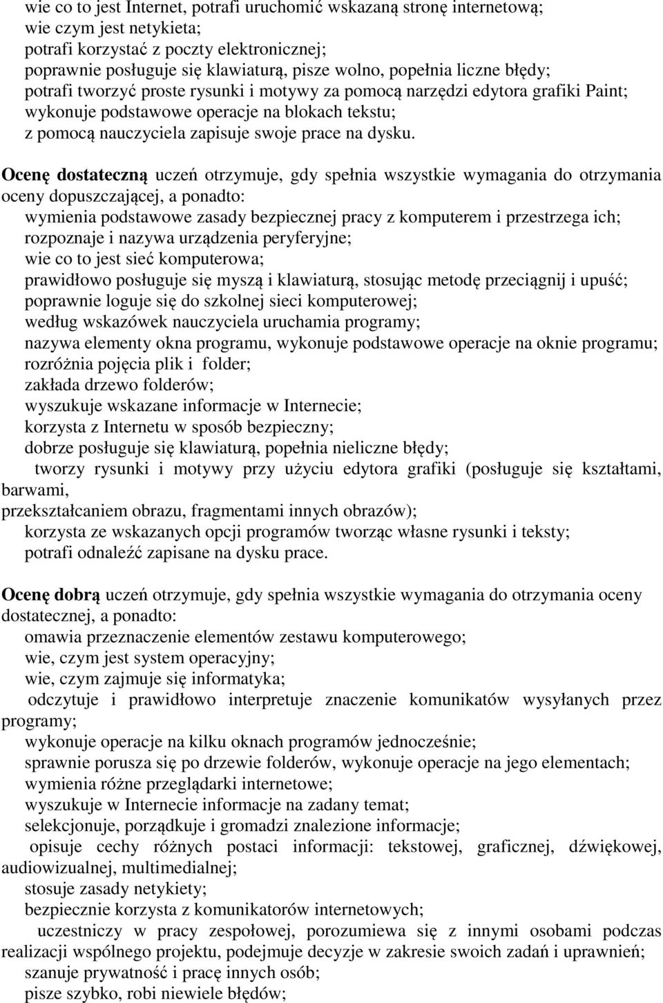 Ocenę dostateczną uczeń otrzymuje, gdy spełnia wszystkie wymagania do otrzymania oceny dopuszczającej, a ponadto: wymienia podstawowe zasady bezpiecznej pracy z komputerem i przestrzega ich;