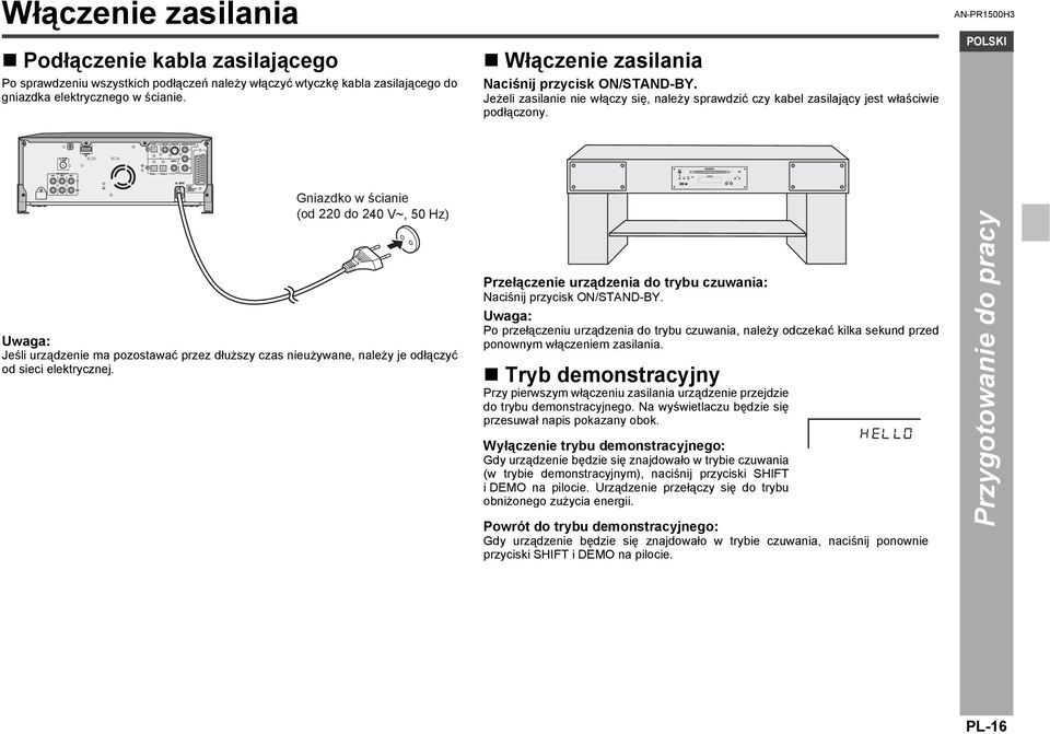 AN-PR1500H3 Gniazdko w ścianie (od 220 do 240 V~, 50 Hz) Uwaga: Jeśli urządzenie ma pozostawać przez dłuższy czas nieużywane, należy je odłączyć od sieci elektrycznej.