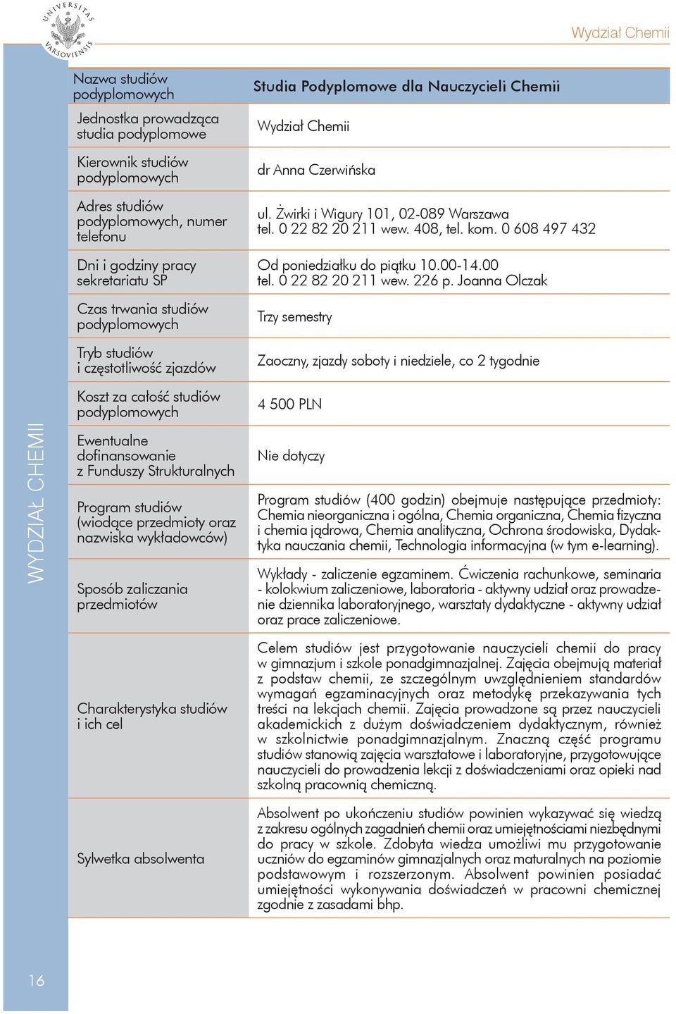 przedmiotów Charakterystyka studiów i ich cel Sylwetka absolwenta Studia Podyplomowe dla Nauczycieli Chemii Wydział Chemii dr Anna Czerwińska ul. Żwirki i Wigury 101, 02-089 Warszawa tel.