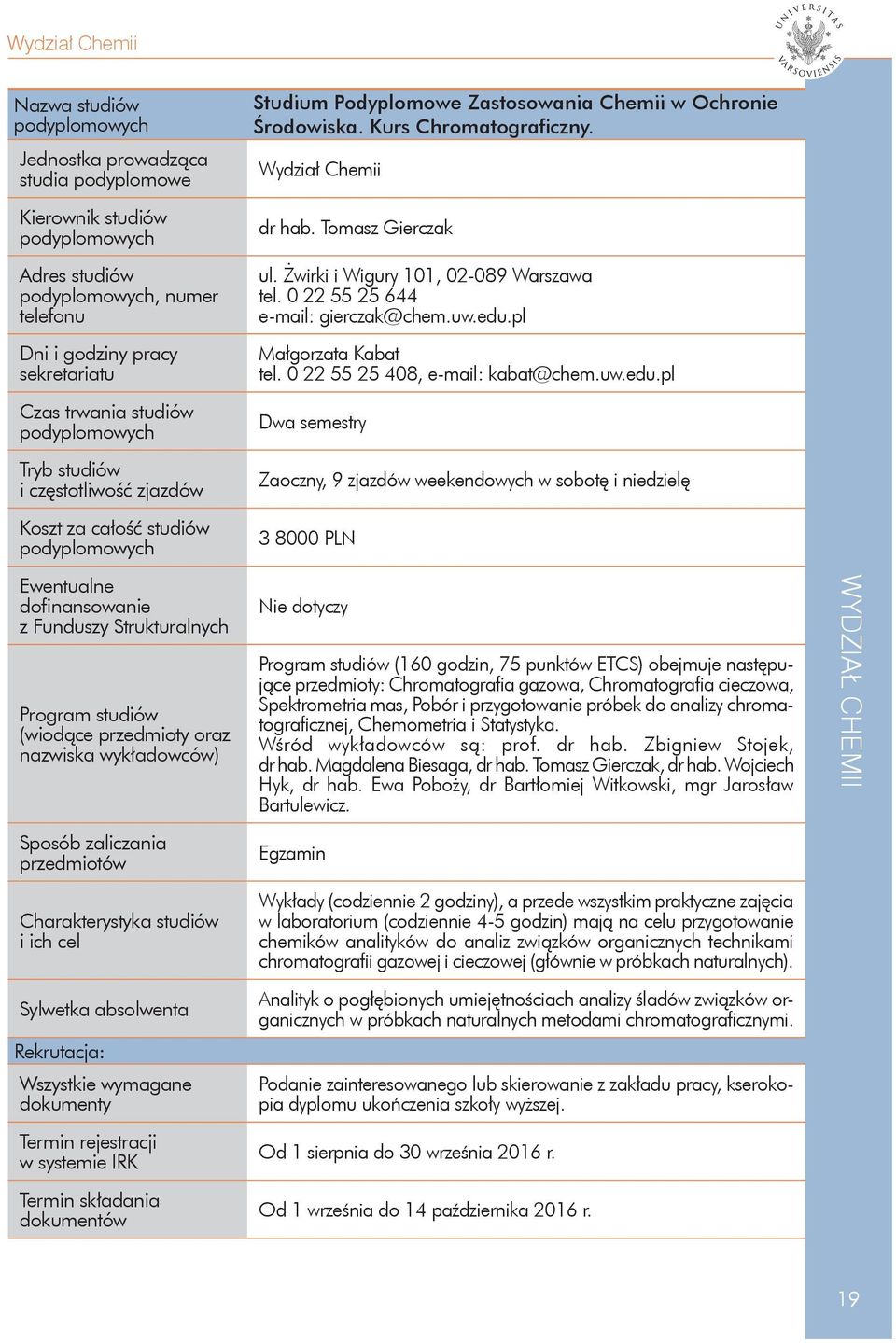 studiów i ich cel Sylwetka absolwenta Rekrutacja: Wszystkie wymagane dokumenty Termin rejestracji w systemie IRK Termin składania dokumentów Studium Podyplomowe Zastosowania Chemii w Ochronie