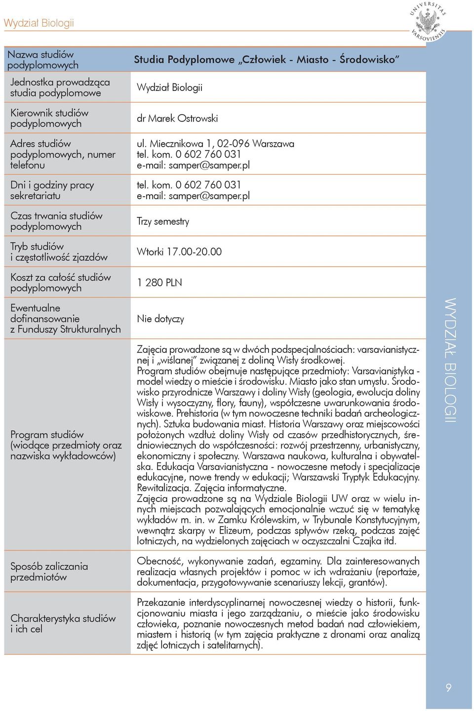 Charakterystyka studiów i ich cel Studia Podyplomowe Człowiek - Miasto - Środowisko Wydział Biologii dr Marek Ostrowski ul. Miecznikowa 1, 02-096 Warszawa tel. kom.