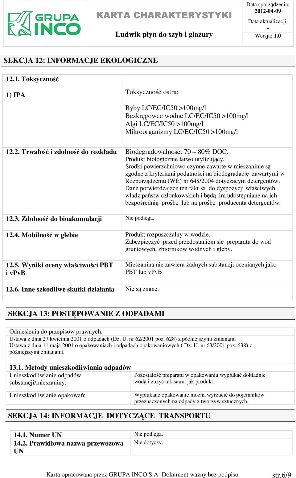 Środki powierzchniowo czynne zawarte w mieszaninie są zgodne z kryteriami podatności na biodegradację zawartymi w Rozporządzeniu (WE) nr 648/2004 dotyczącym detergentów.