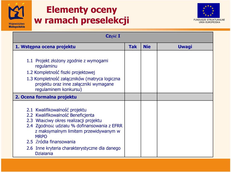 Ocena formalna projektu 2.1 Kwalifikowalność projektu 2.2 Kwalifikowalność Beneficjenta 2.3 Właściwy okres realizacji projektu 2.