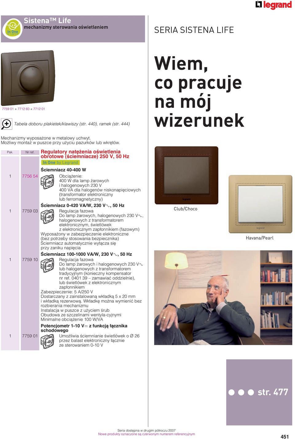 Regulatory nat enia oêwietlenia obrotowe (Êciemniacze) 250 V, 50 Hz In One by Legrand Âciemniacz 40-400 W 1 7756 54 Obcià enie: 400 W dla lamp arowych i halogenowych 230 V 400 VA dla halogenów