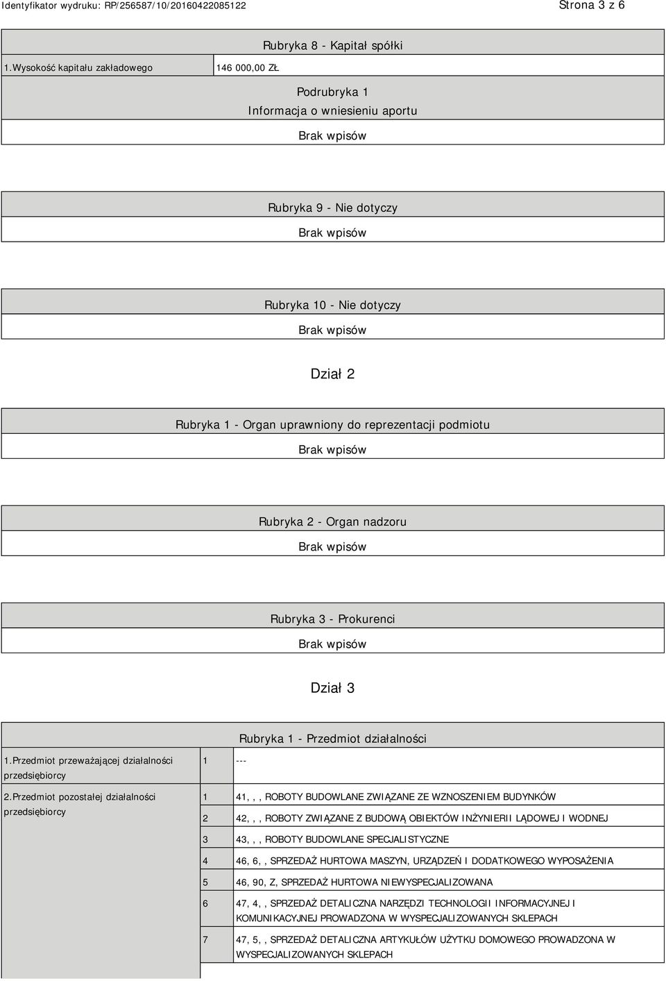 Rubryka 2 - Organ nadzoru Rubryka 3 - Prokurenci Dział 3 Rubryka 1 - Przedmiot działalności 1.Przedmiot przeważającej działalności przedsiębiorcy 2.