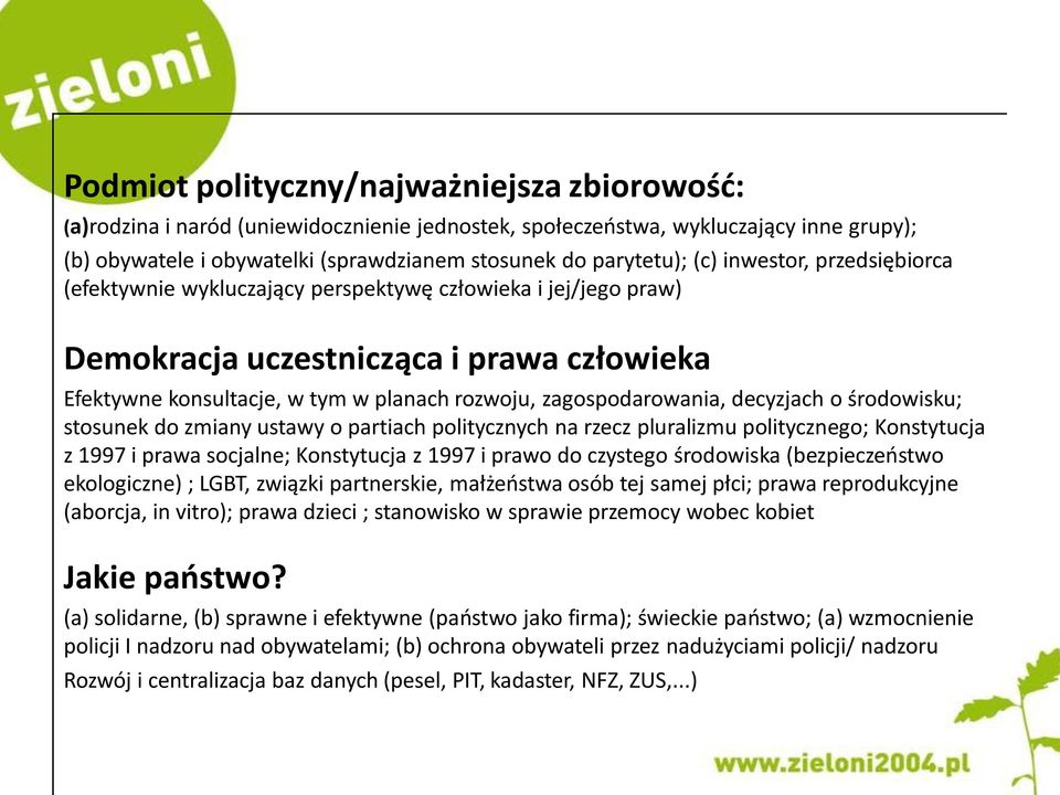 zagospodarowania, decyzjach o środowisku; stosunek do zmiany ustawy o partiach politycznych na rzecz pluralizmu politycznego; Konstytucja z 1997 i prawa socjalne; Konstytucja z 1997 i prawo do