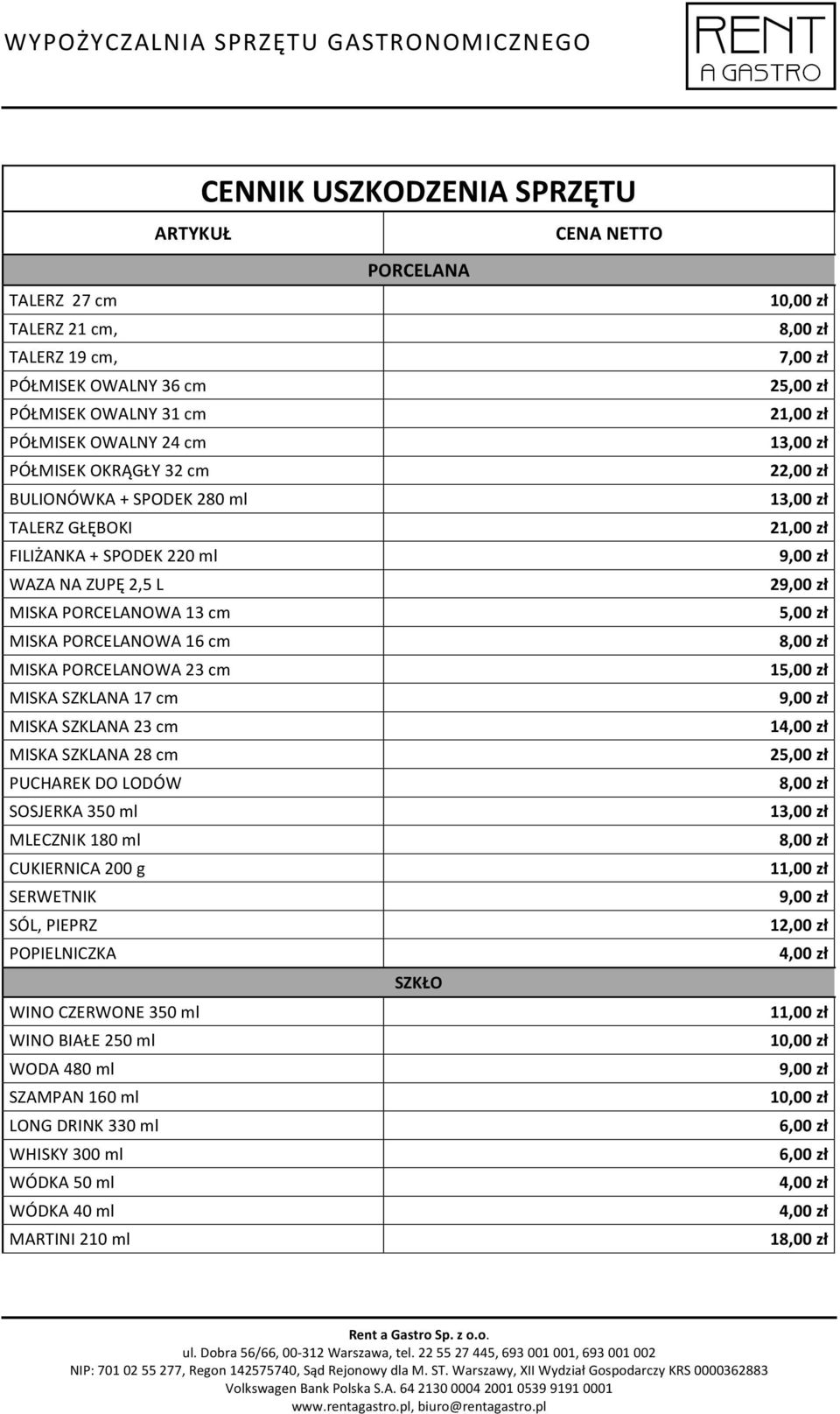 SZKLANA 23 cm MISKA SZKLANA 28 cm PUCHAREK DO LODÓW SOSJERKA 350 ml MLECZNIK 180 ml CUKIERNICA 200 g SERWETNIK SÓL, PIEPRZ POPIELNICZKA SZKŁO WINO CZERWONE 350 ml WINO BIAŁE 250 ml WODA