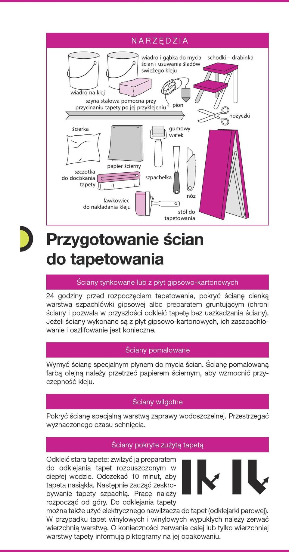 godziny przed rozpoczęciem tapetowania, pokryć ścianę cienką warstwą szpachlówki gipsowej albo preparatem gruntującym (chroni ściany i pozwala w przyszłości odkleić tapetę bez uszkadzania ściany).