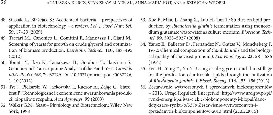 110, 488 495 (2012) 50. Tomita Y., Ikeo K., Tamakawa H., Gojobori T., Ikushima S.: Genome and Transcriptome Analysis of the Food-Yeast Candida utilis. PLoS ONE, 7: e37226. Doi:10.1371/journal.pone.