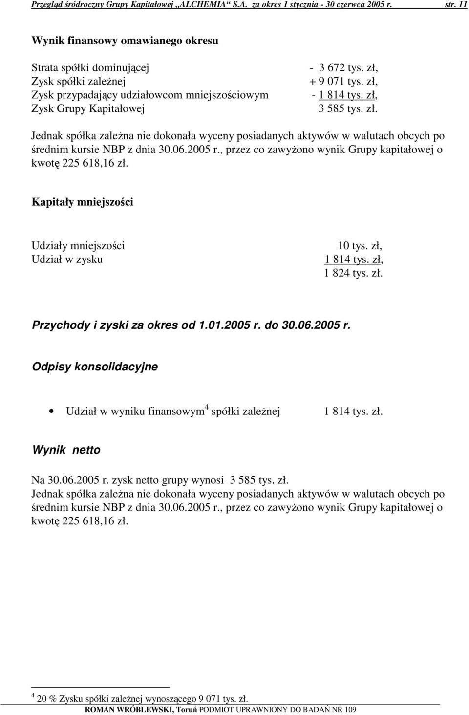 zł, 3 585 tys. zł. Jednak spółka zalena nie dokonała wyceny posiadanych aktywów w walutach obcych po rednim kursie NBP z dnia 30.06.2005 r.