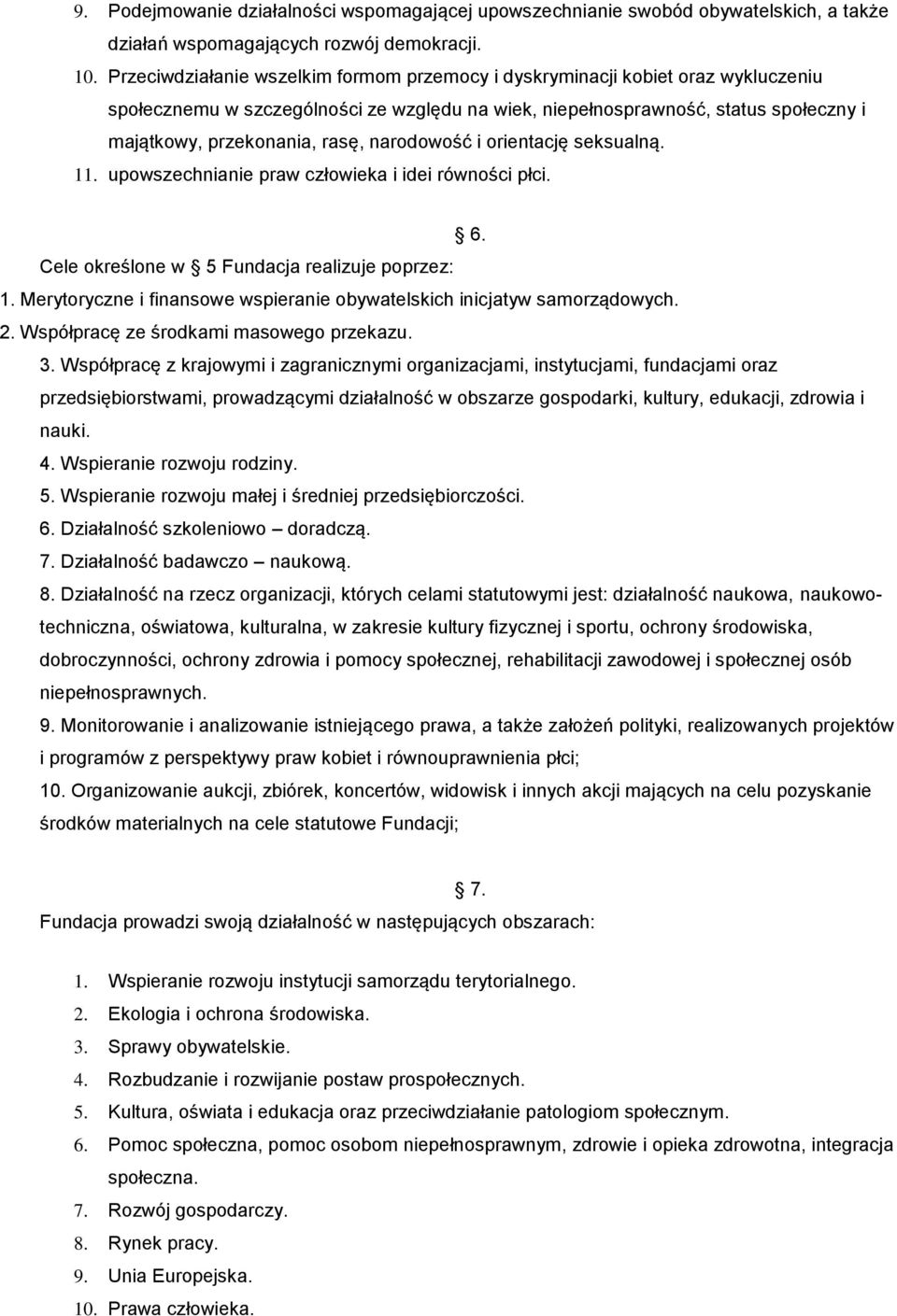 narodowość i orientację seksualną. 11. upowszechnianie praw człowieka i idei równości płci. 6. Cele określone w 5 Fundacja realizuje poprzez: 1.