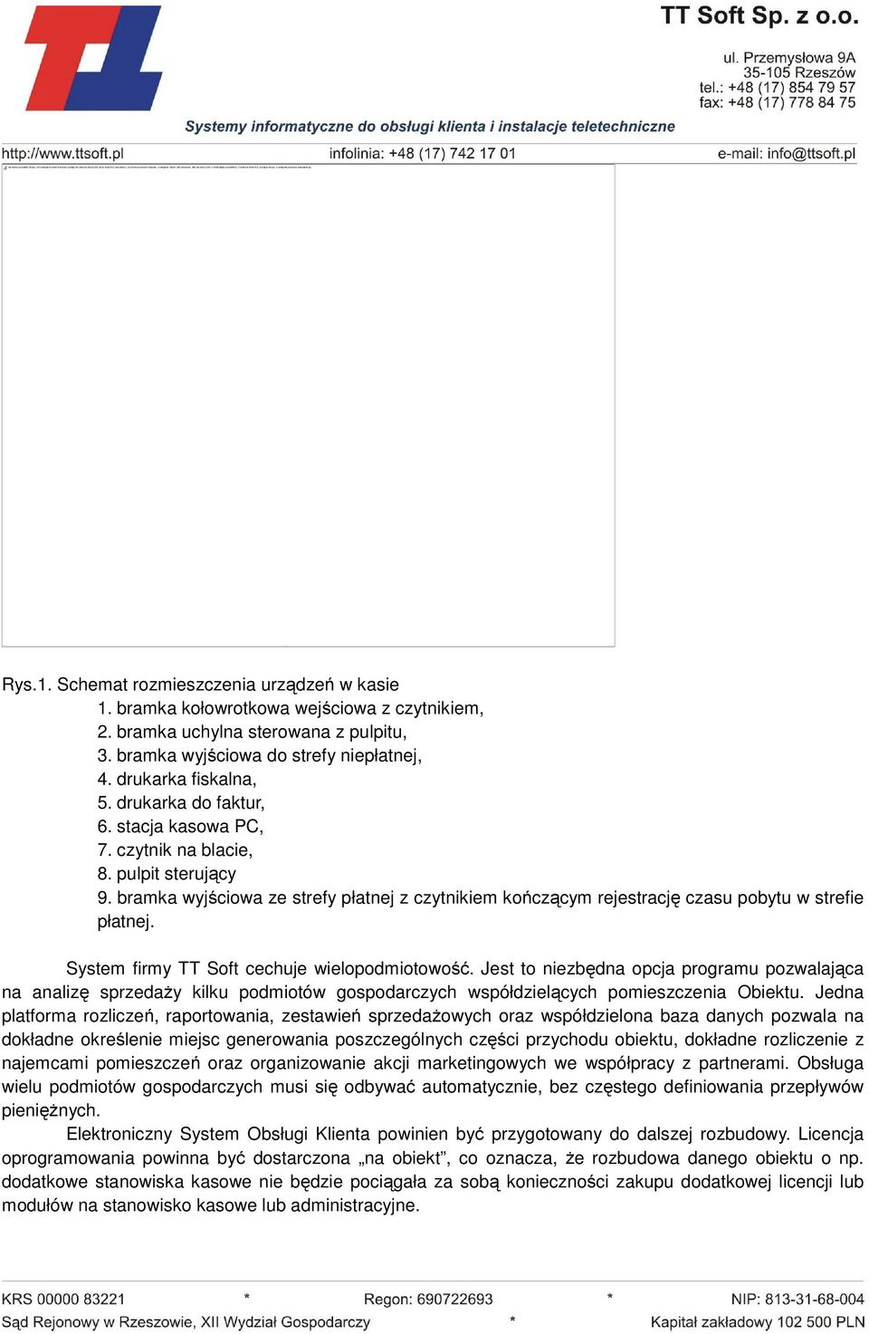 bramka kołowrotkowa wejściowa z czytnikiem, 2. bramka uchylna sterowana z pulpitu,. bramka wyjściowa do strefy niepłatnej, 4. drukarka fiskalna, 5. drukarka do faktur, 6. stacja kasowa PC, 7.