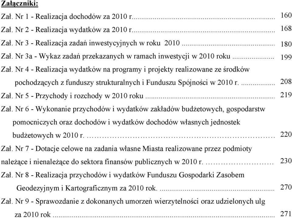 Nr 4 - Realizacja wydatków na programy i projekty realizowane ze środków pochodzących z funduszy strukturalnych i Funduszu Spójności w 2010 r.... 208 Zał. Nr 5 - Przychody i rozchody w 2010 roku.