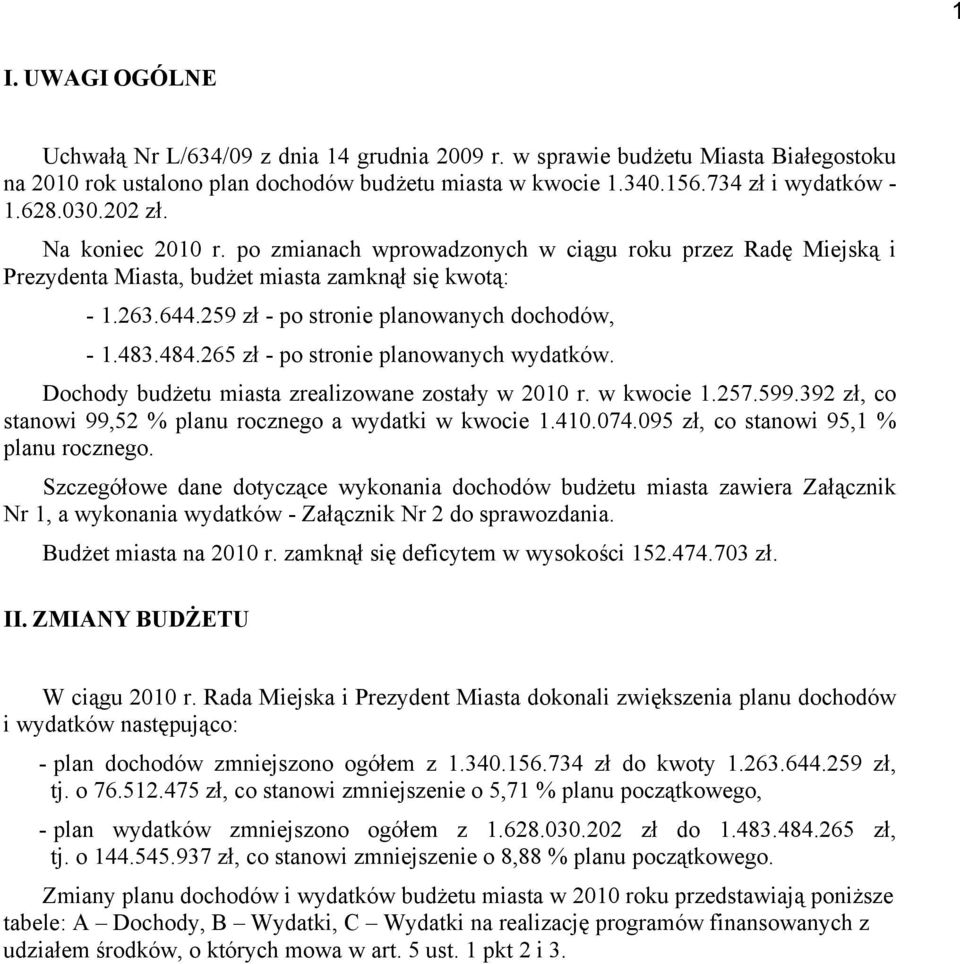 484.265 zł - po stronie planowanych wydatków. Dochody budżetu miasta zrealizowane zostały w 2010 r. w kwocie 1.257.599.392 zł, co stanowi 99,52 % planu rocznego a wydatki w kwocie 1.410.074.