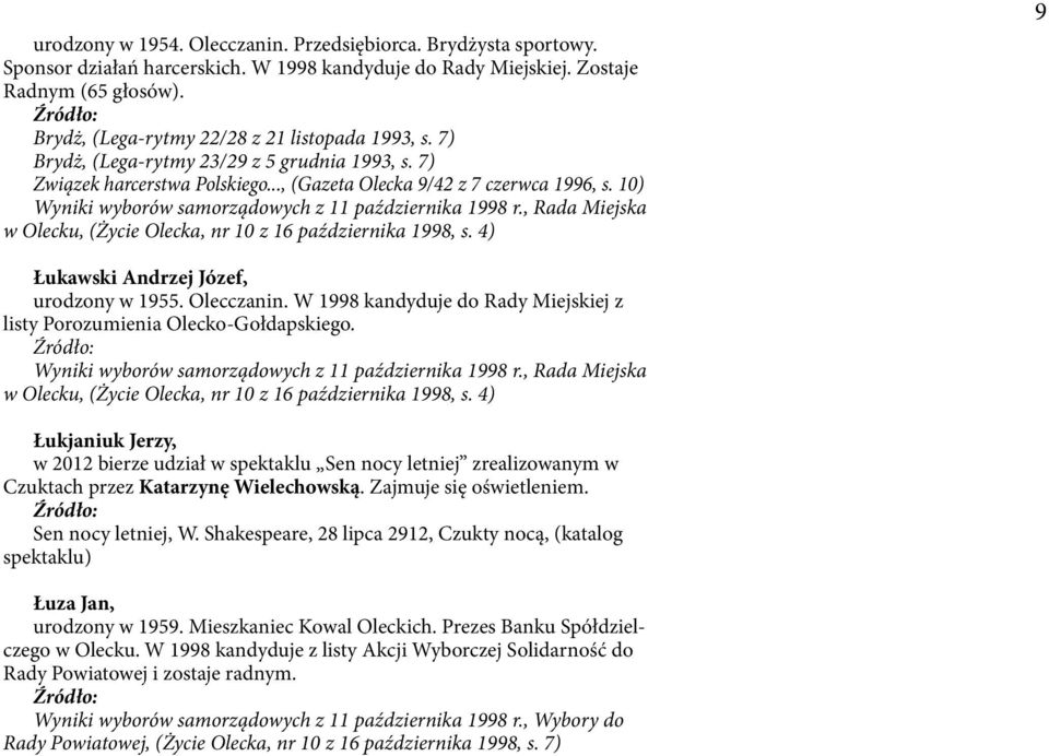 10) Wyniki wyborów samorządowych z 11 października 1998 r., Rada Miejska w Olecku, (Życie Olecka, nr 10 z 16 października 1998, s. 4) 9 Łukawski Andrzej Józef, urodzony w 1955. Olecczanin.