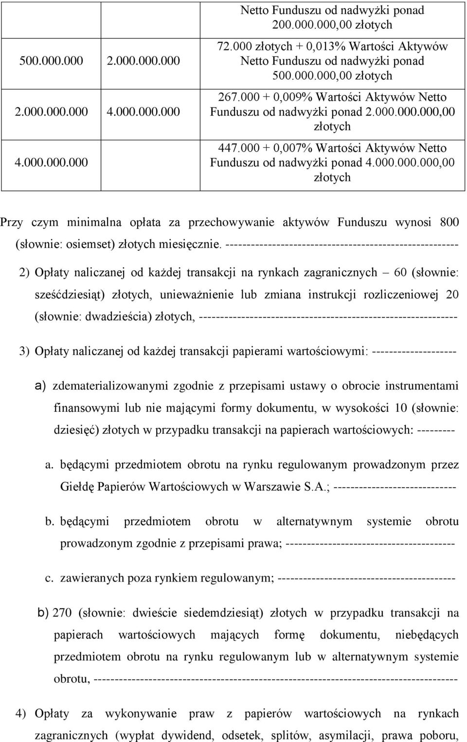 000 + 0,007% Wartości Aktywów Netto Funduszu od nadwyżki ponad 4.000.000.000,00 złotych Przy czym minimalna opłata za przechowywanie aktywów Funduszu wynosi 800 (słownie: osiemset) złotych miesięcznie.