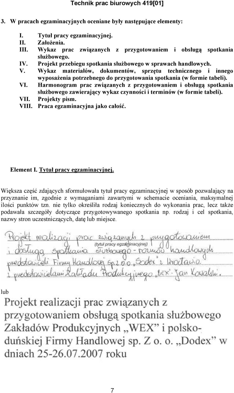 Harmonogram prac związanych z przygotowaniem i obsługą spotkania służbowego zawierający wykaz czynności i terminów (w formie tabeli). VII. Projekty pism. VIII. Praca egzaminacyjna jako całość.