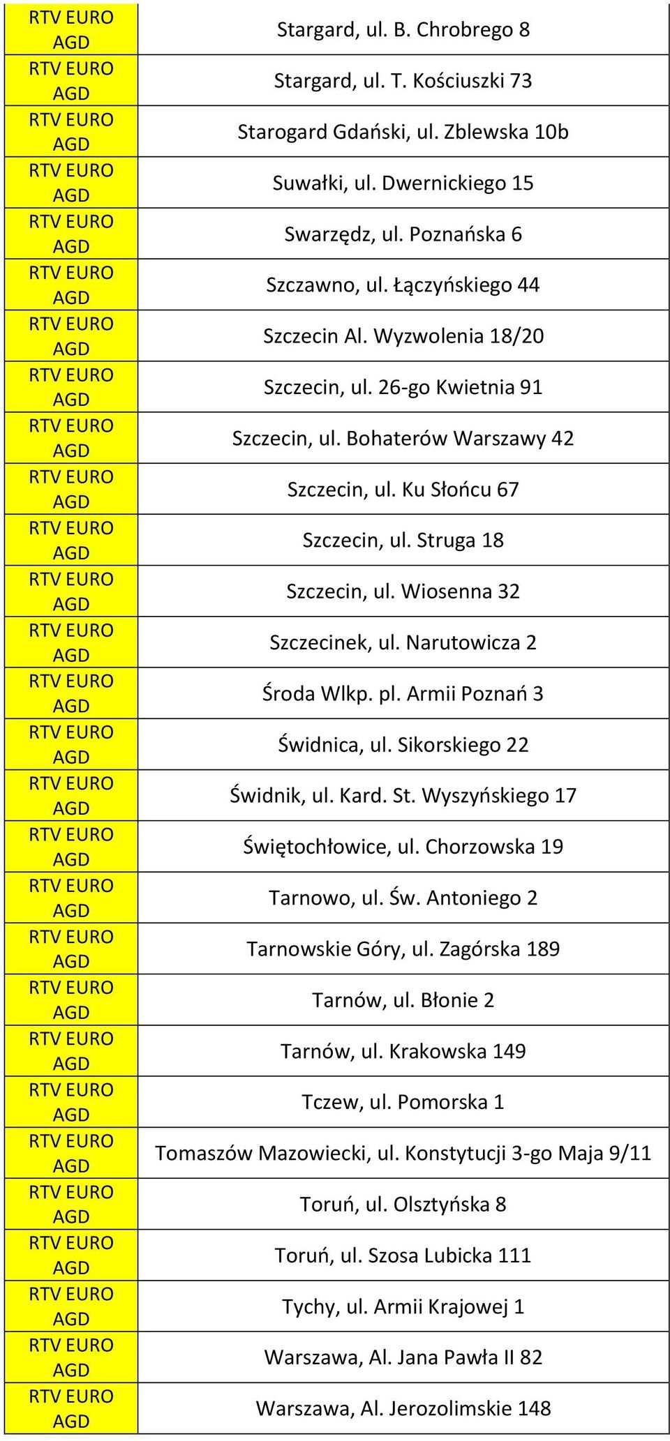 Narutowicza 2 Środa Wlkp. pl. Armii Poznań 3 Świdnica, ul. Sikorskiego 22 Świdnik, ul. Kard. St. Wyszyńskiego 17 Świętochłowice, ul. Chorzowska 19 Tarnowo, ul. Św. Antoniego 2 Tarnowskie Góry, ul.