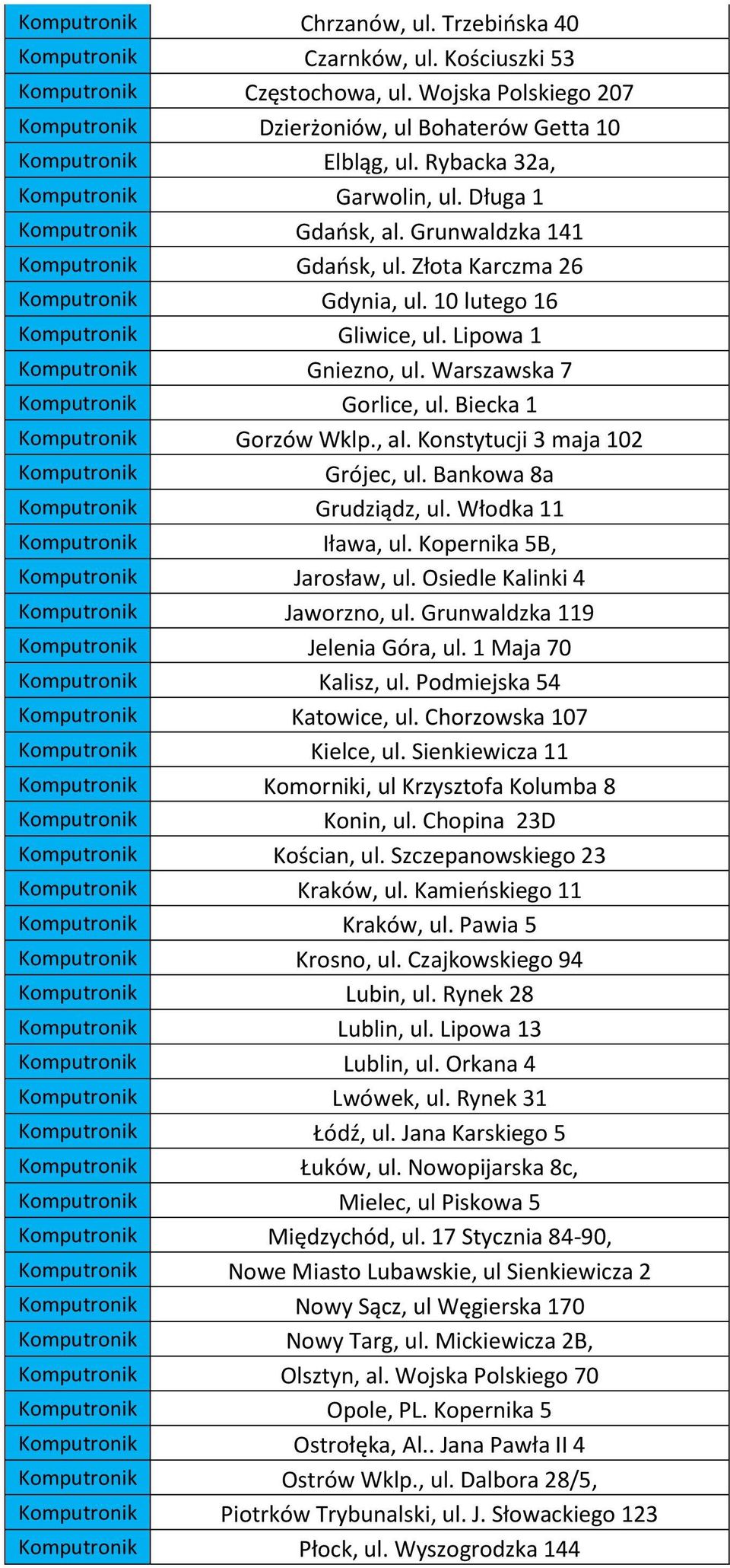 Lipowa 1 Komputronik Gniezno, ul. Warszawska 7 Komputronik Gorlice, ul. Biecka 1 Komputronik Gorzów Wklp., al. Konstytucji 3 maja 102 Komputronik Grójec, ul. Bankowa 8a Komputronik Grudziądz, ul.