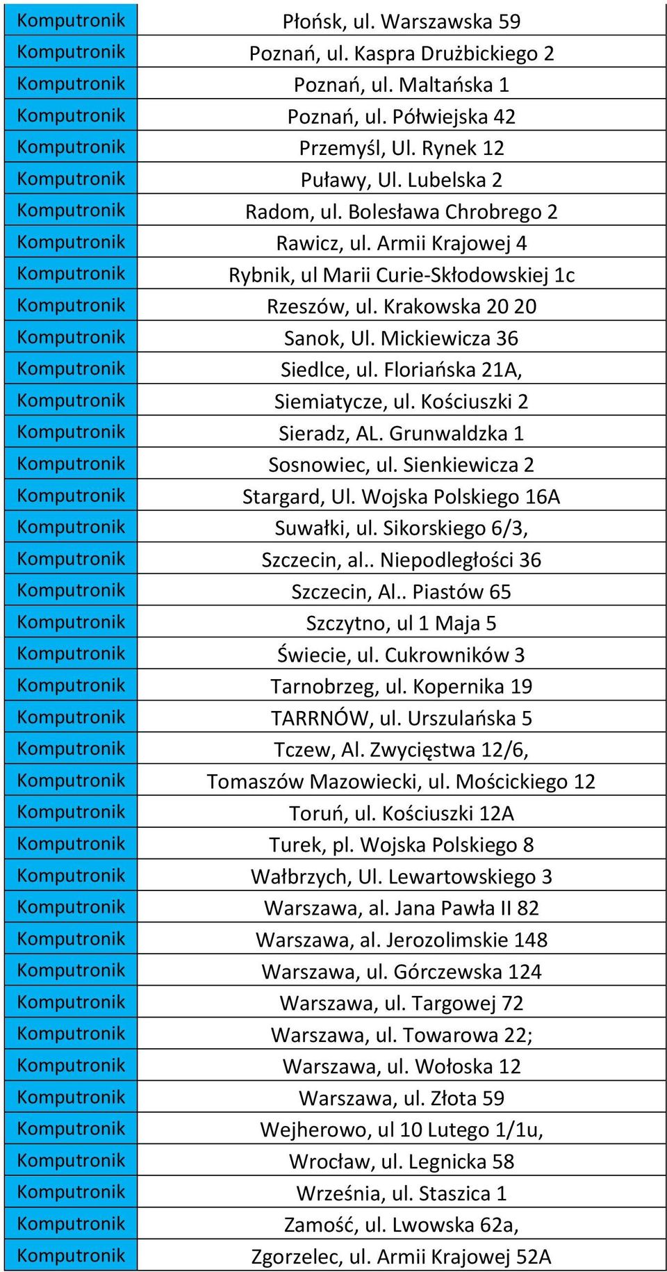 Armii Krajowej 4 Komputronik Rybnik, ul Marii Curie-Skłodowskiej 1c Komputronik Rzeszów, ul. Krakowska 20 20 Komputronik Sanok, Ul. Mickiewicza 36 Komputronik Siedlce, ul.