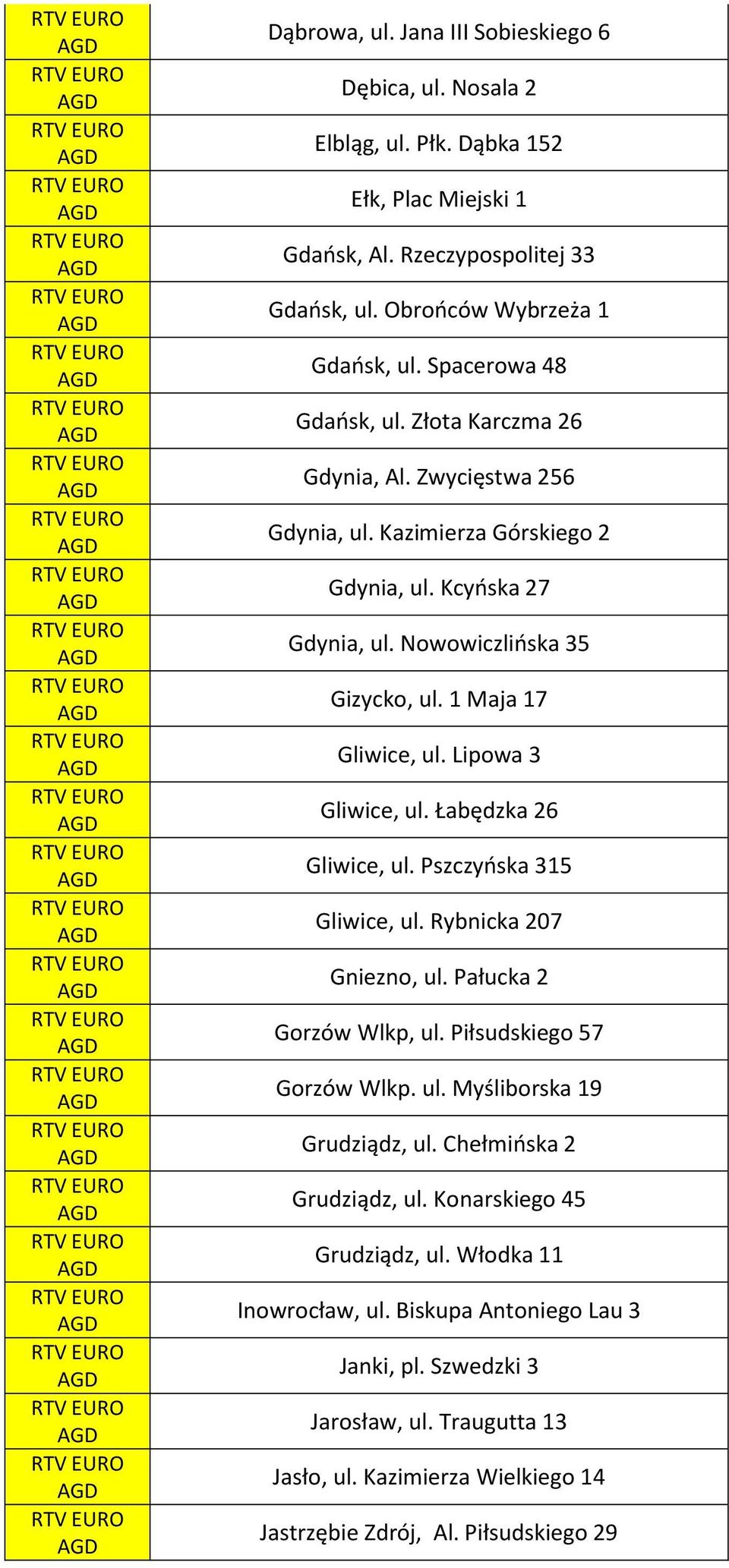 Lipowa 3 Gliwice, ul. Łabędzka 26 Gliwice, ul. Pszczyńska 315 Gliwice, ul. Rybnicka 207 Gniezno, ul. Pałucka 2 Gorzów Wlkp, ul. Piłsudskiego 57 Gorzów Wlkp. ul. Myśliborska 19 Grudziądz, ul.