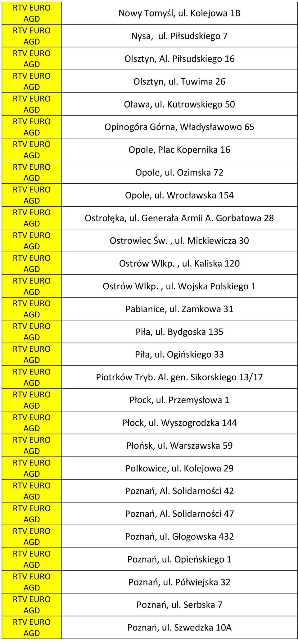 , ul. Kaliska 120 Ostrów Wlkp., ul. Wojska Polskiego 1 Pabianice, ul. Zamkowa 31 Piła, ul. Bydgoska 135 Piła, ul. Ogińskiego 33 Piotrków Tryb. Al. gen. Sikorskiego 13/17 Płock, ul.