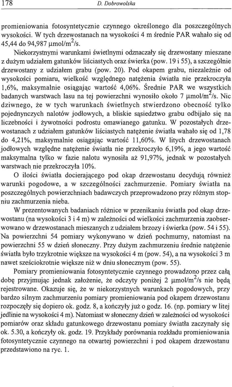 Pod okapem grabu, niezależnie od wysokości pomiaru, wielkość względnego natężenia światła nie przekroczyła 1,6%,