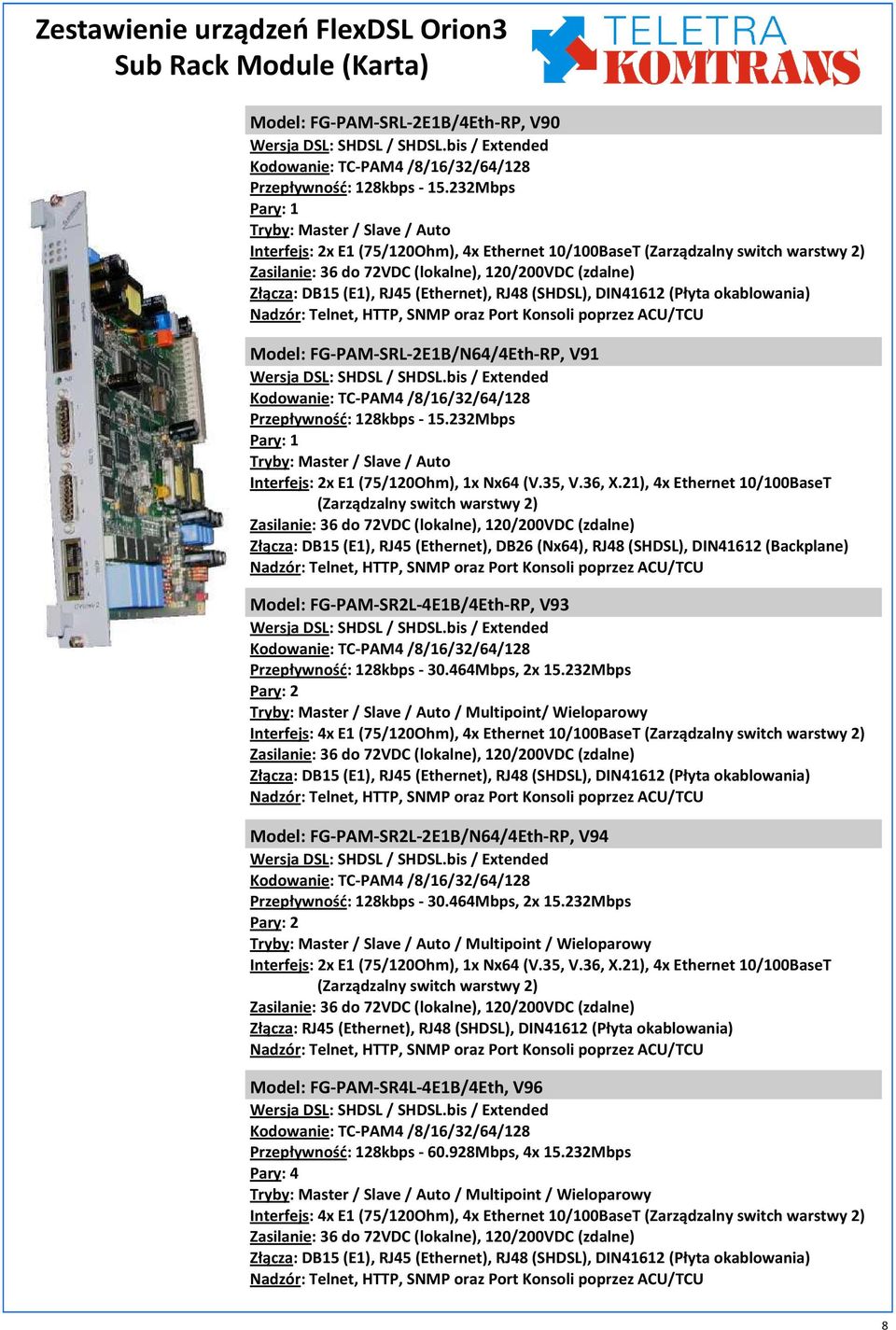 21), 4x Ethernet 10/100BaseT (Zarządzalny switch warstwy 2) Zasilanie: 36 do 72VDC (lokalne), 120/200VDC (zdalne) Złącza: DB15 (E1), RJ45 (Ethernet), DB26 (Nx64), RJ48 (SHDSL), DIN41612 (Backplane)