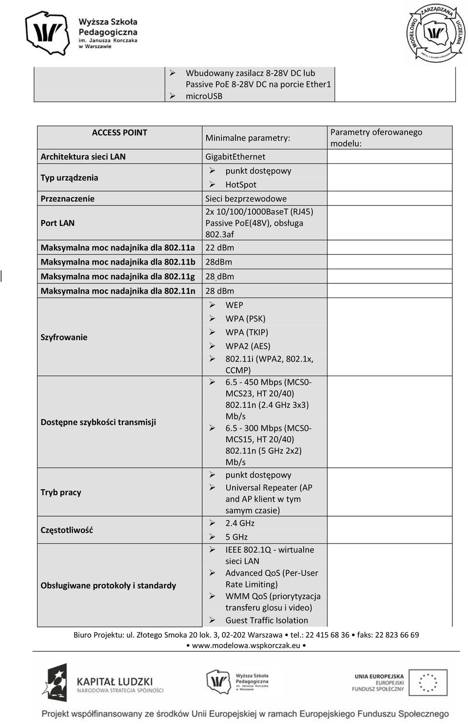 11n Szyfrowanie Dostępne szybkości transmisji Tryb pracy Częstotliwość Obsługiwane protokoły i standardy Minimalne parametry: GigabitEthernet punkt dostępowy HotSpot Sieci bezprzewodowe 2x