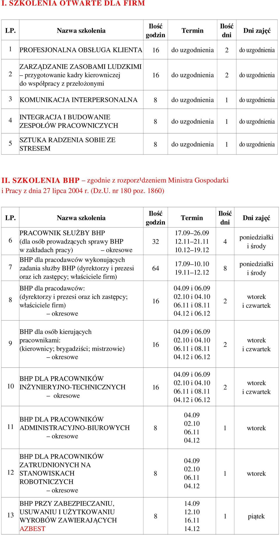 SZKOLENIA BHP zgoe z rozporz¹dzeniem Ministra Gospodarki i Pracy z a lipca 00 r. (Dz.U. nr 10 poz.