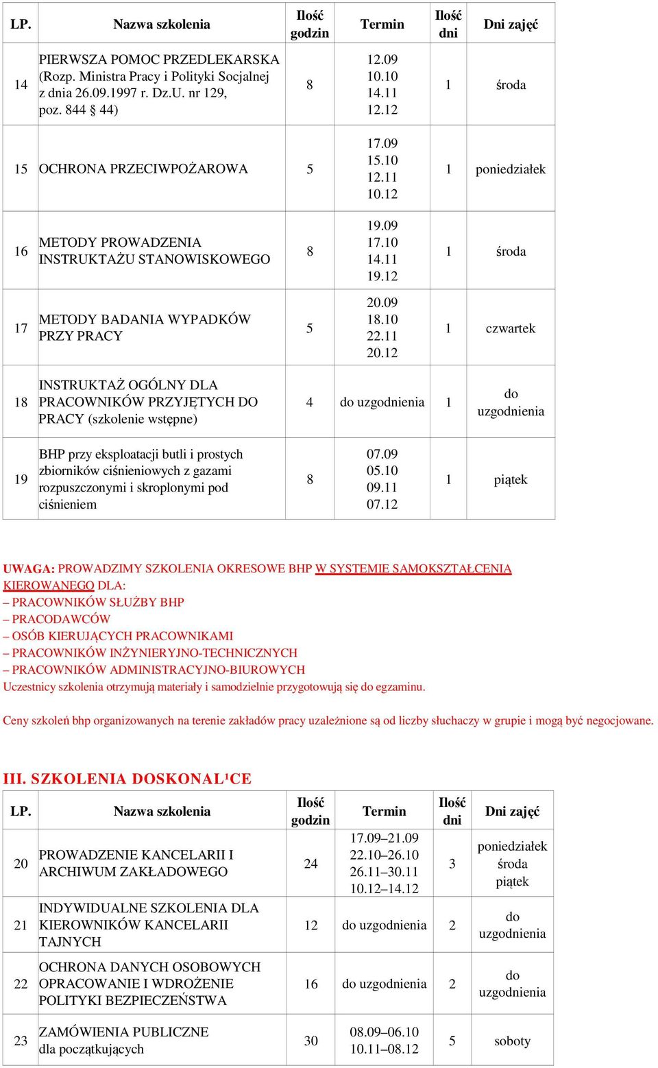 1 1 czwartek 1 INSTRUKTAŻ OGÓLNY DLA PRACOWNIKÓW PRZYJĘTYCH DO PRACY (szkolenie wstępne) do uzgoenia 1 do uzgoenia 19 BHP przy eksploatacji butli i prostych zbiorników ciśnieniowych z gazami