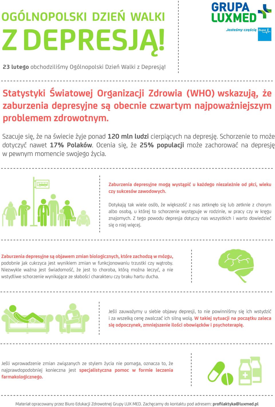 Ocenia się, że 25% populacji może zachorować na depresję w pewnym momencie swojego życia. Zaburzenia depresyjne mogą wystąpić u każdego niezależnie od płci, wieku czy sukcesów zawodowych.