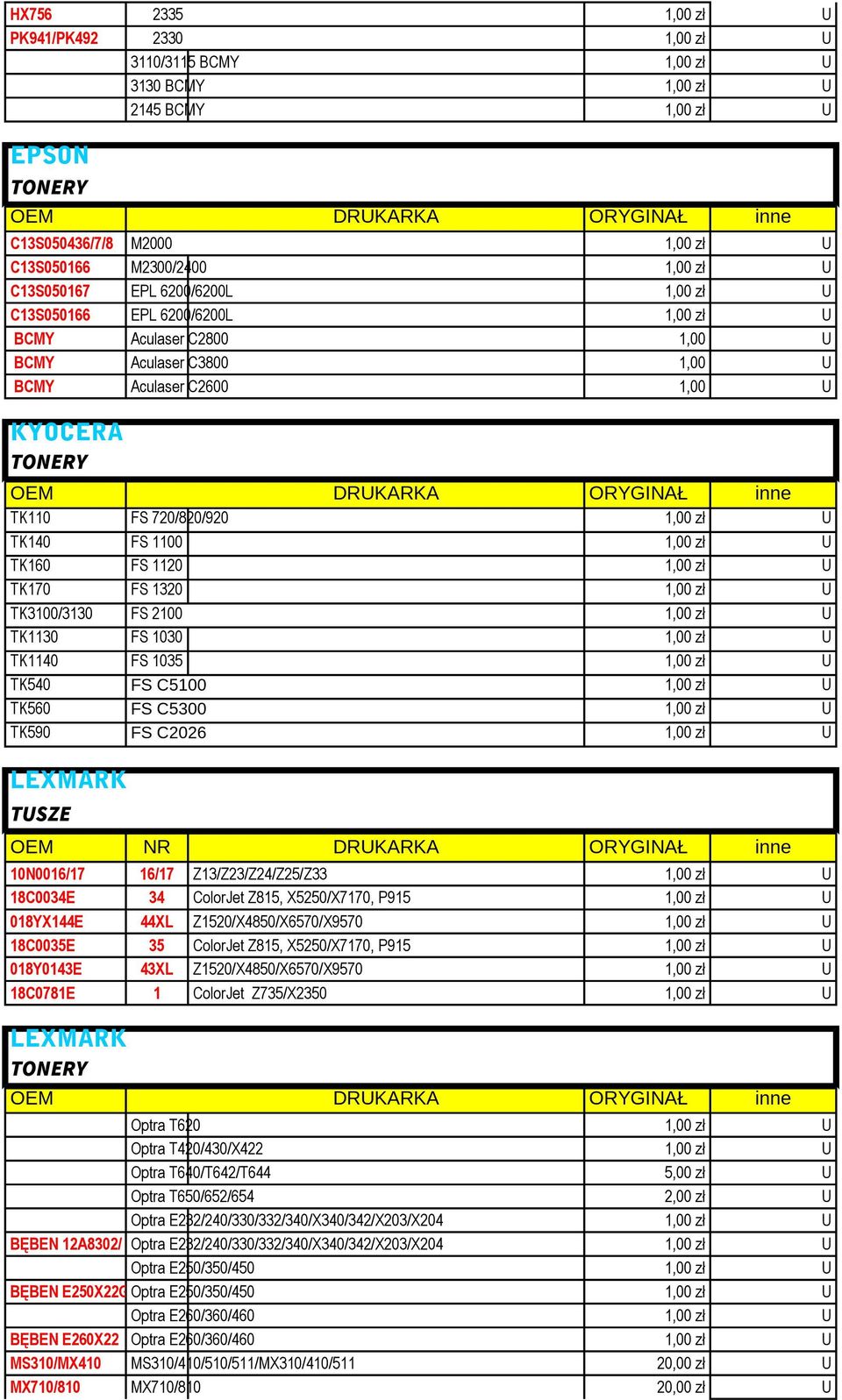 U TK160 FS 1120 1,00 zł U TK170 FS 1320 1,00 zł U TK3100/3130 FS 2100 1,00 zł U TK1130 FS 1030 1,00 zł U TK1140 FS 1035 1,00 zł U TK540 FS C5100 1,00 zł U TK560 FS C5300 1,00 zł U TK590 FS C2026 1,00