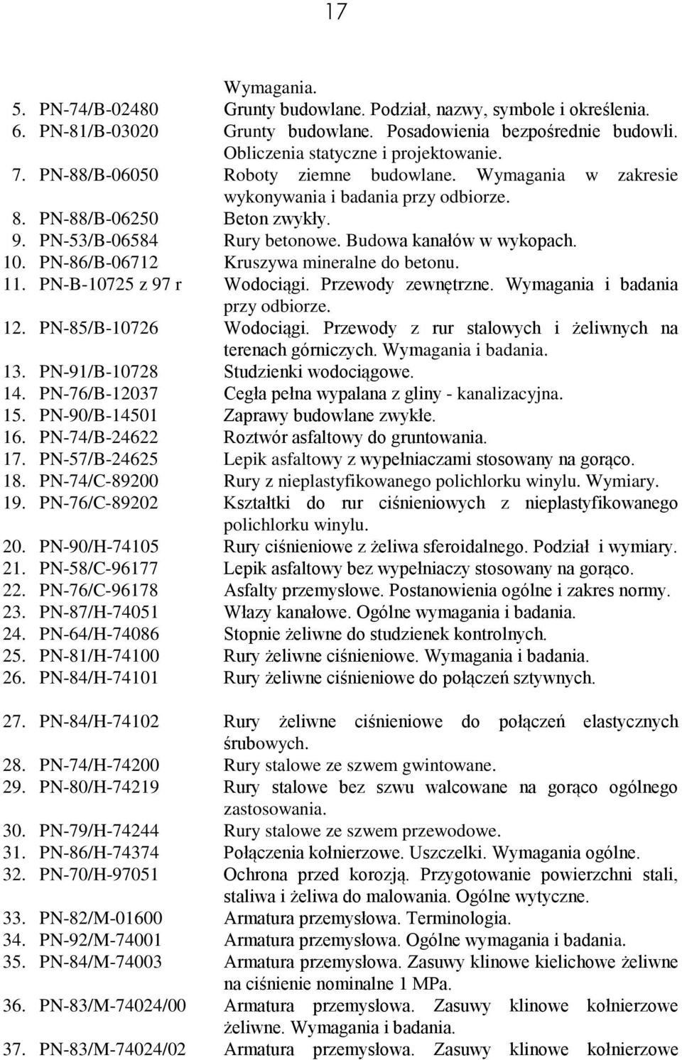 PN-86/B-06712 Kruszywa mineralne do betonu. 11. PN-B-10725 z 97 r Wodociągi. Przewody zewnętrzne. Wymagania i badania przy odbiorze. 12. PN-85/B-10726 Wodociągi.