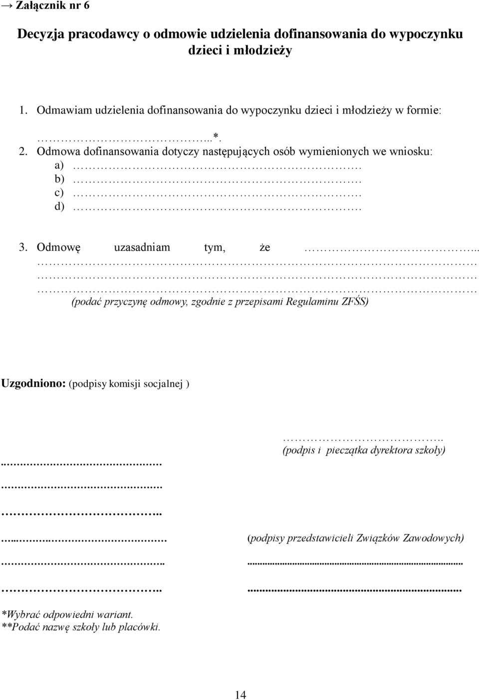 Odmowa dofinansowania dotyczy następujących osób wymienionych we wniosku: a). b). c). d). 3. Odmowę uzasadniam tym, że.