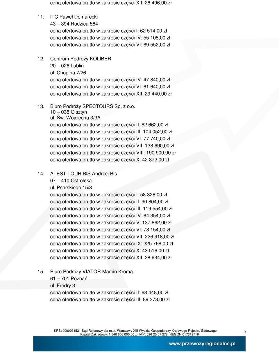 552,00 zł 12. Centrum PodróŜy KOLIBER 20 026 Lublin ul.