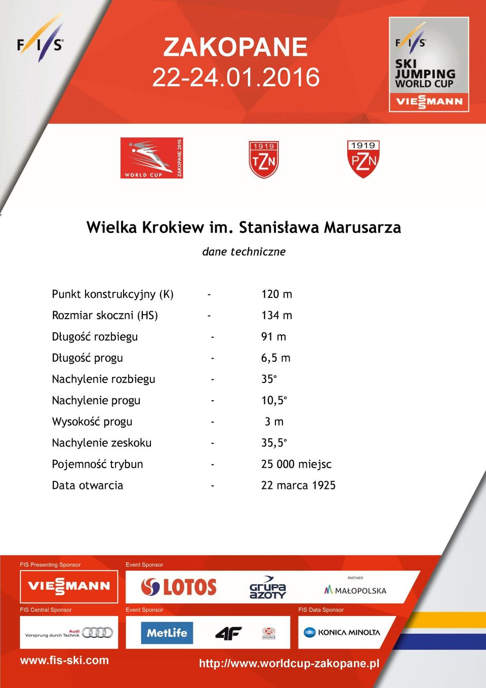 (K) - 120 m Rozmiar skoczni (HS) - 134 m Długość rozbiegu - 91 m Długość progu - 6,5 m