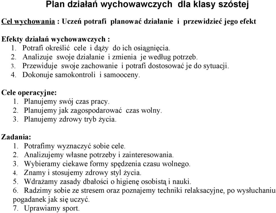 Dokonuje samokontroli i samooceny. Cele operacyjne: 1. Planujemy swój czas pracy. 2. Planujemy jak zagospodarować czas wolny. 3. Planujemy zdrowy tryb życia. Zadania: 1.