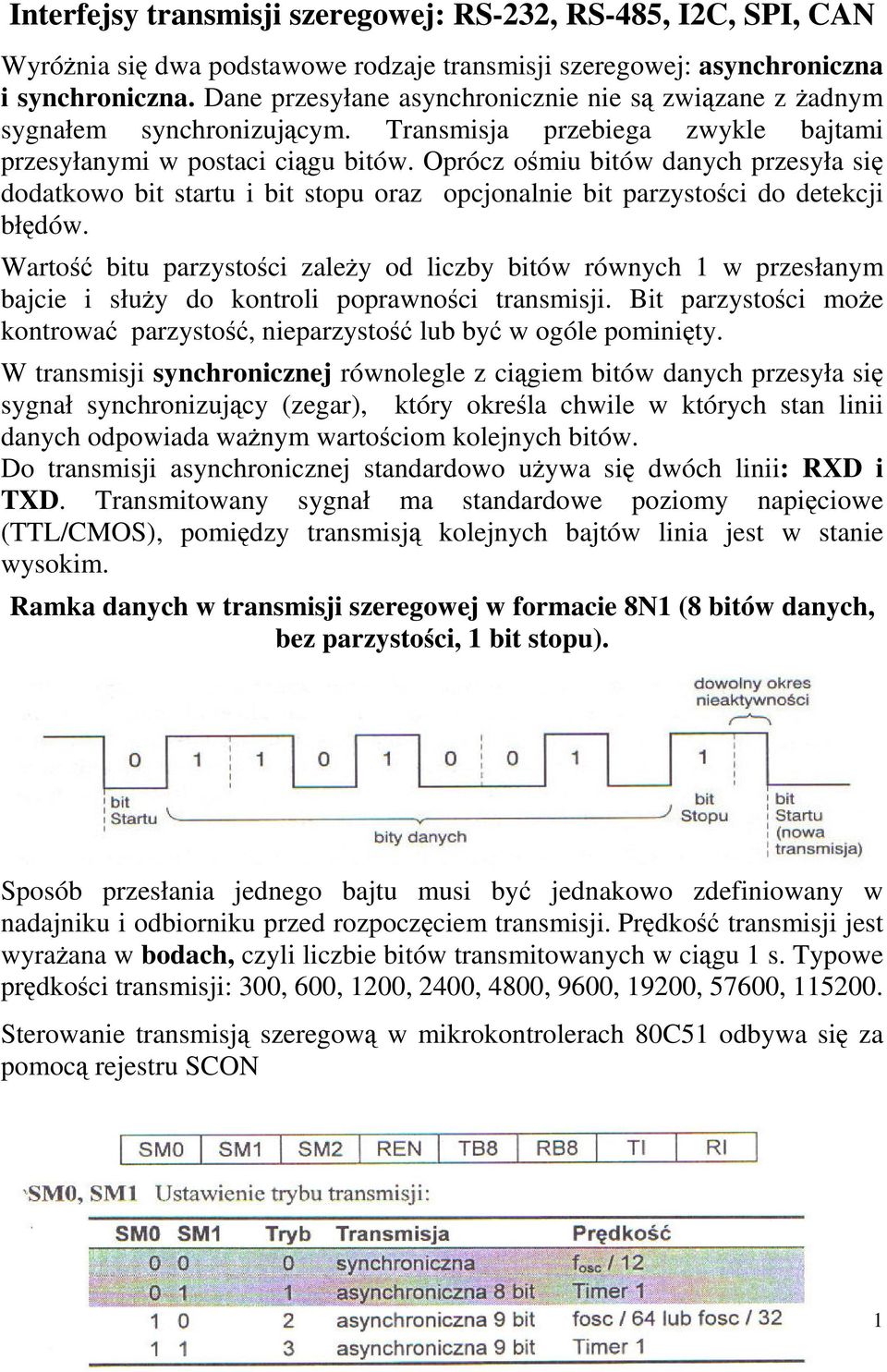 Oprócz omiu bitów danych przesyła si dodatkowo bit startu i bit stopu oraz opcjonalnie bit parzystoci do detekcji błdów.