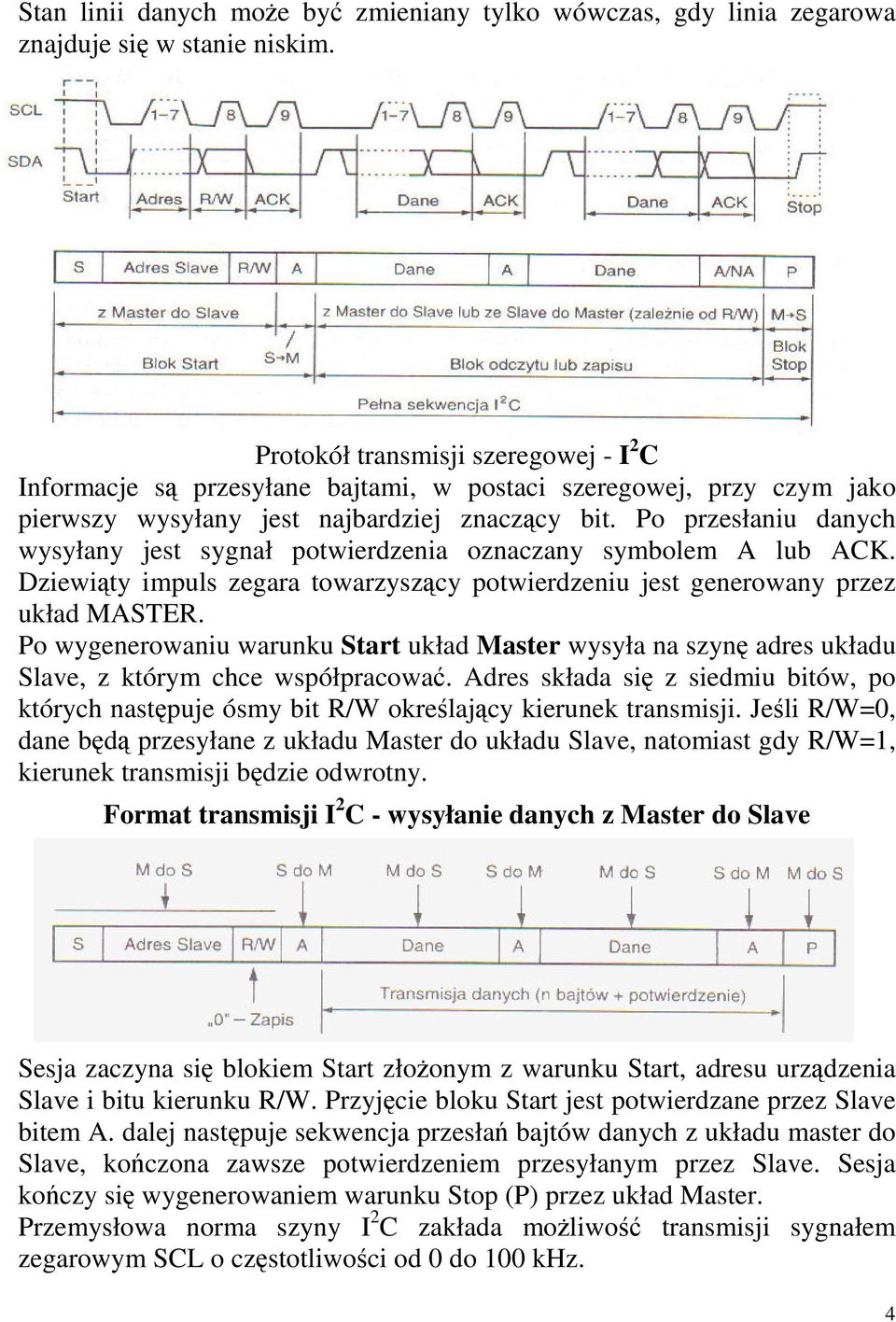 Po przesłaniu danych wysyłany jest sygnał potwierdzenia oznaczany symbolem A lub ACK. Dziewity impuls zegara towarzyszcy potwierdzeniu jest generowany przez układ MASTER.