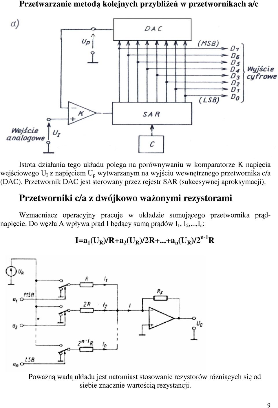 Przetworniki c/a z dwójkowo waonymi rezystorami Wzmacniacz operacyjny pracuje w układzie sumujcego przetwornika prdnapicie.