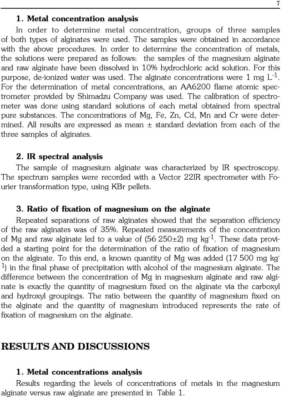 In order to determine the concentration of metals, the solutions were prepared as follows: the samples of the magnesium alginate and raw alginate have been dissolved in 10% hydrochloric acid solution.