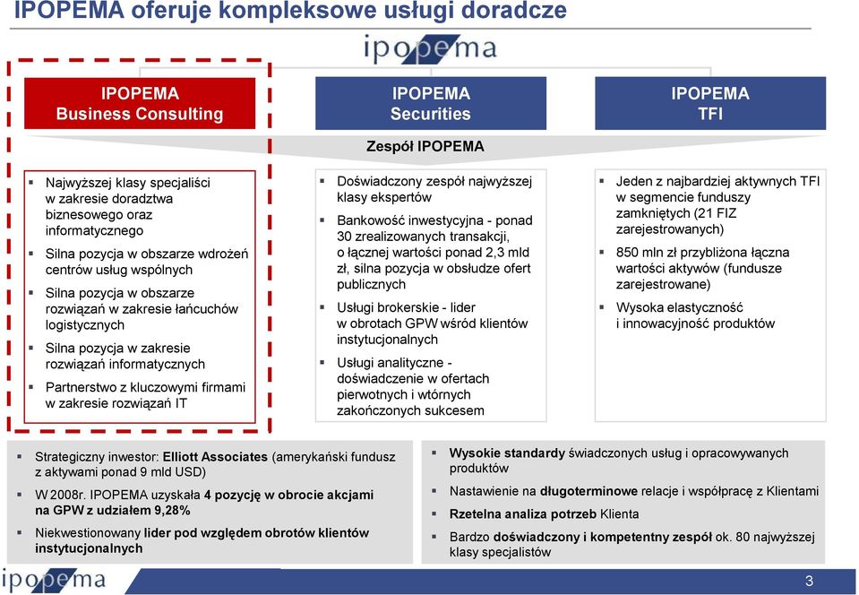 IPOPEMA Securities Zespół IPOPEMA Doświadczony zespół najwyŝszej klasy ekspertów Bankowość inwestycyjna - ponad 30 zrealizowanych transakcji, o łącznej wartości ponad 2,3 mld zł, silna pozycja w