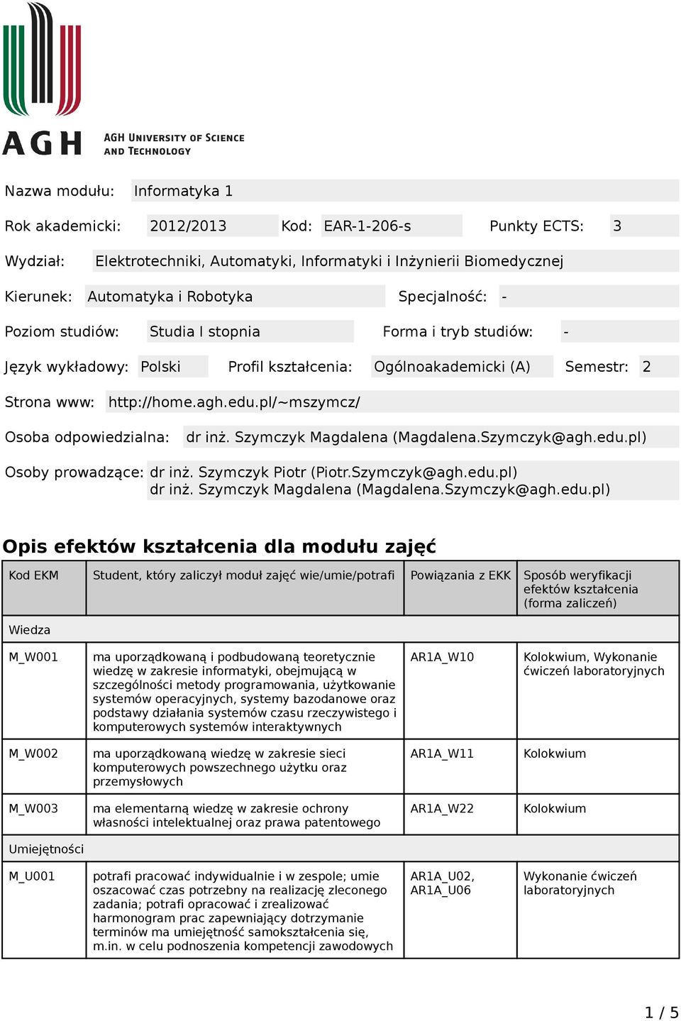 pl/~mszymcz/ Osoba odpowiedzialna: dr inż. Szymczyk Magdalena (Magdalena.Szymczyk@agh.edu.pl) Osoby prowadzące: dr inż. Szymczyk Piotr (Piotr.Szymczyk@agh.edu.pl) dr inż.