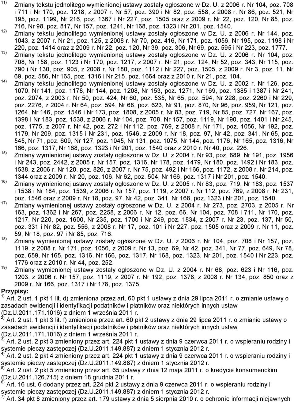 1323 i Nr 201, poz. 1540. Zmiany tekstu jednolitego wymienionej ustawy zostały ogłoszone w Dz. U. z 2006 r. Nr 144, poz. 1043, z 2007 r. Nr 21, poz. 125, z 2008 r. Nr 70, poz. 416, Nr 171, poz.