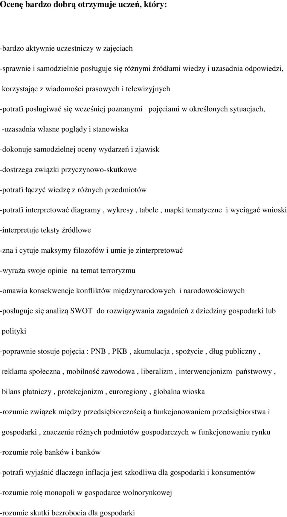 -dostrzega związki przyczynowo-skutkowe -potrafi łączyć wiedzę z różnych przedmiotów -potrafi interpretować diagramy, wykresy, tabele, mapki tematyczne i wyciągać wnioski -interpretuje teksty