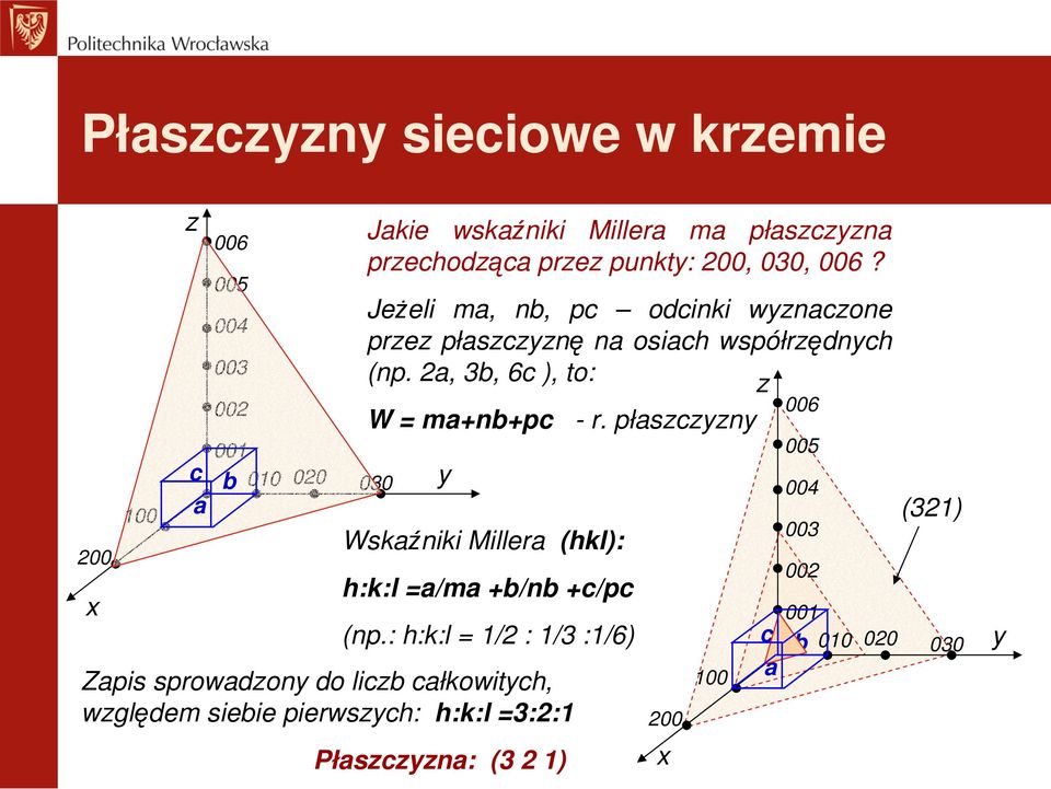 2a, 3b, 6c ), to: W = ma+nb+pc y Wskaźniki Millera (hkl): h:k:l =a/ma +b/nb +c/pc (np.