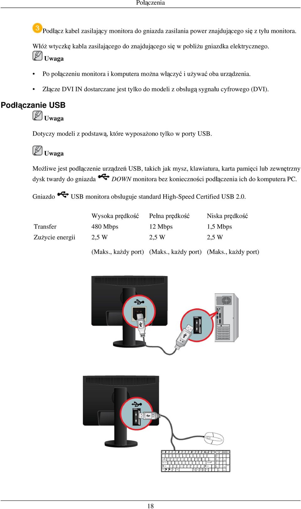 Podłączanie USB Dotyczy modeli z podstawą, które wyposażono tylko w porty USB.