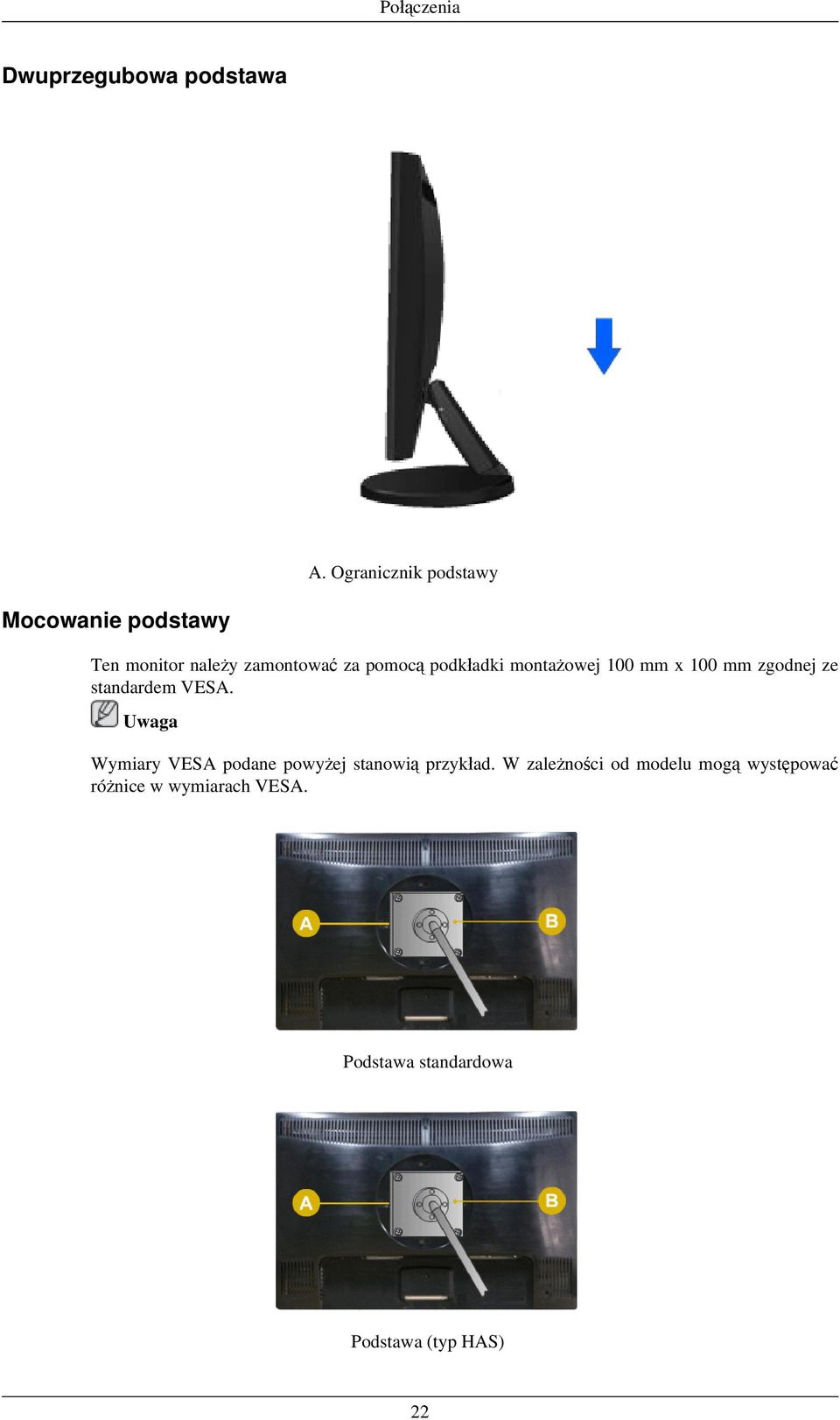 podkładki montażowej 100 mm x 100 mm zgodnej ze standardem VESA.